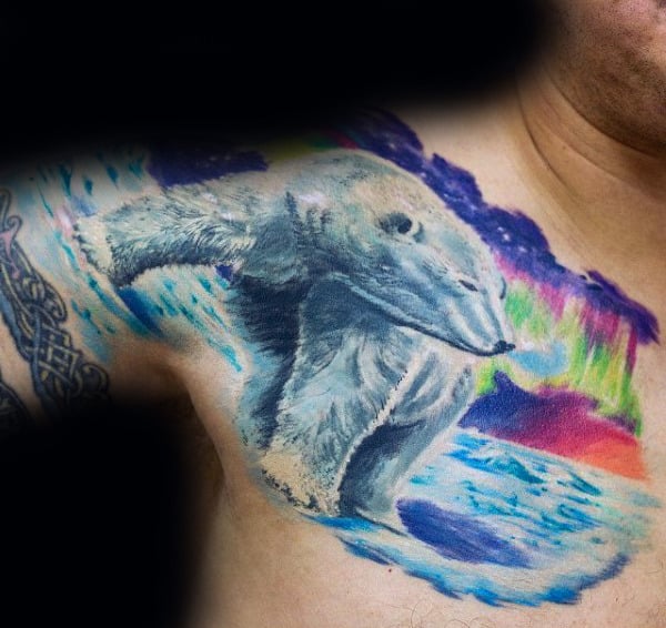 Colorful Polar Bear Northern Lights Guys Arm And Chest Tattoos