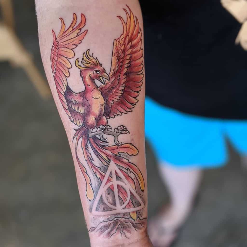 colorful realistic phoenix harry potter deathly hallows tattoo