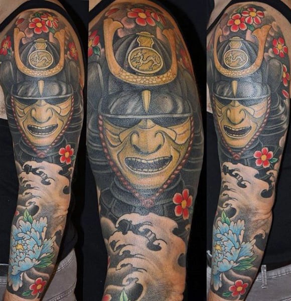 Colorful Samurai Mask And Wave Half Sleeve Tattoo For Men