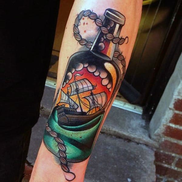 Colorful Ship In The Bottle And Rope Tattoo Male Forearms