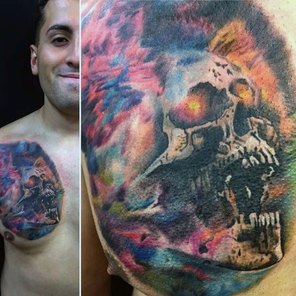 Colorful Skull Consciousness Mens Tattoo Designs On Upper Chest