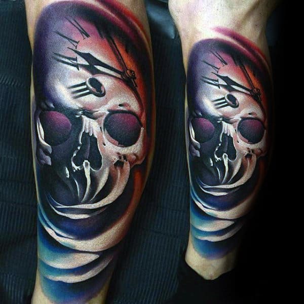 Colorful Skull With Clock Mens Creative Leg Tattoo Designs