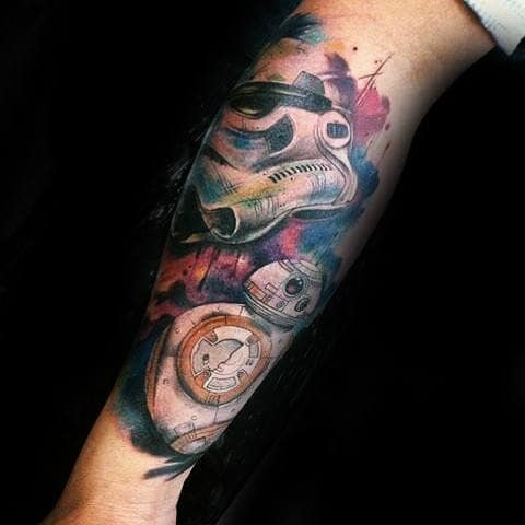 Colorful Stormtrooper Male Forearm Watercolor Tattoo Design Ideas