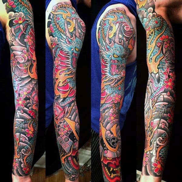 Colorful Stylist Full Sleeve Samurai Mask And Dragon Tattoo For Men