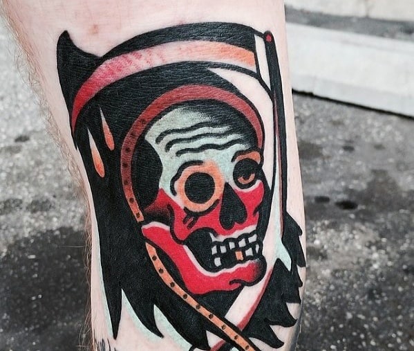 Colorful Traditional Grim Reaper Guys Tattoo Designs