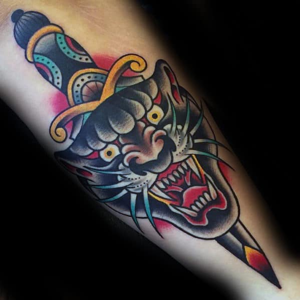 Colorful Traditional Panther Dagger Guys Outer Forearm Tattoo
