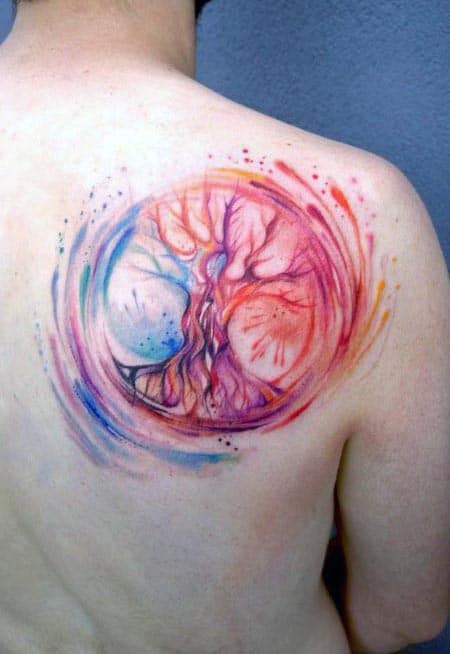 Colorful Tree Of Life Male Watercolor Upper Back Tattoo Ideas