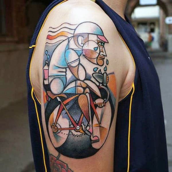 Colorful Unique Bicycle Tattoo On Arms For Men