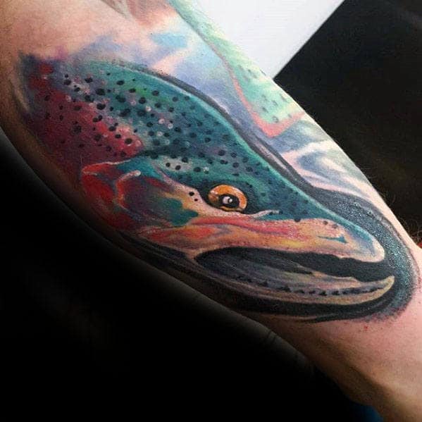 Colorful Unique Male Outer Forearm Trout Head Tattoos