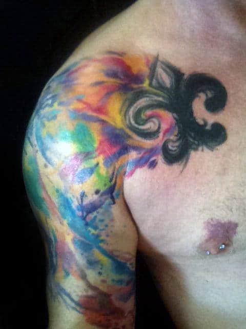Colorful Watercolor Guys Fleur De Lis Arm And Chest Tattoo