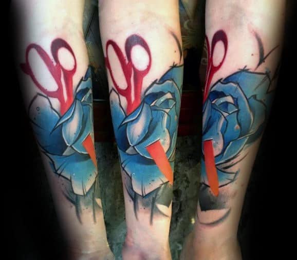 Colorful Watercolor Male Blue Rose Scissor Forearm Tattoos