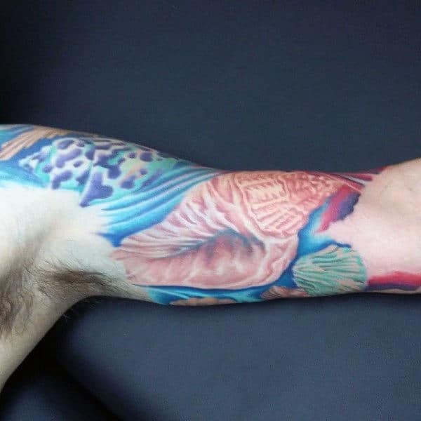 Colorful Watercolor Seashell Quarter Sleeve Tattoo For Men