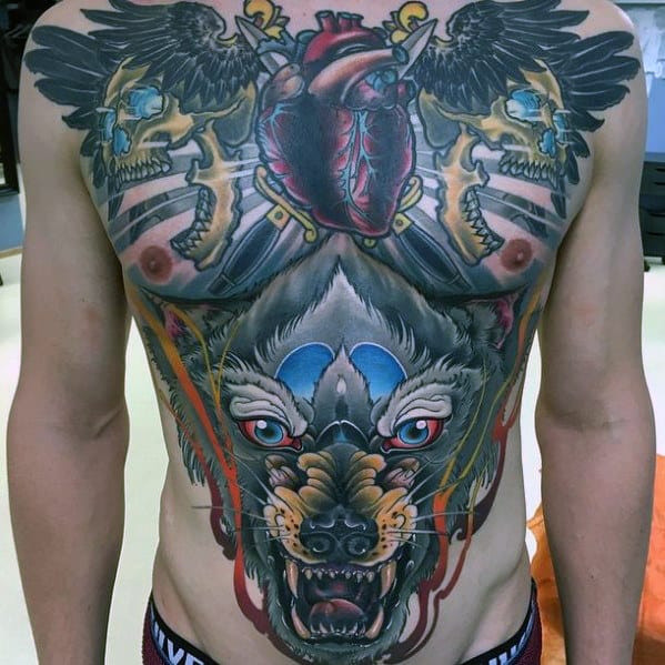 Colorful Wolf Heart Sweet Mens Full Chest Tattoos