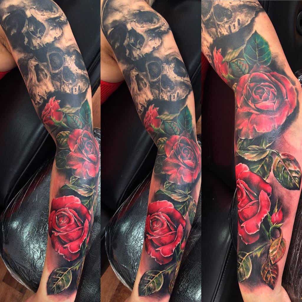 colour-skull-and-rose-sleeve-tattoo-restlesssoulcustomtattoo