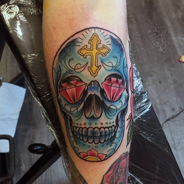 Colourful Mens Sugar Skull Tattoos With Cross And Diamonds