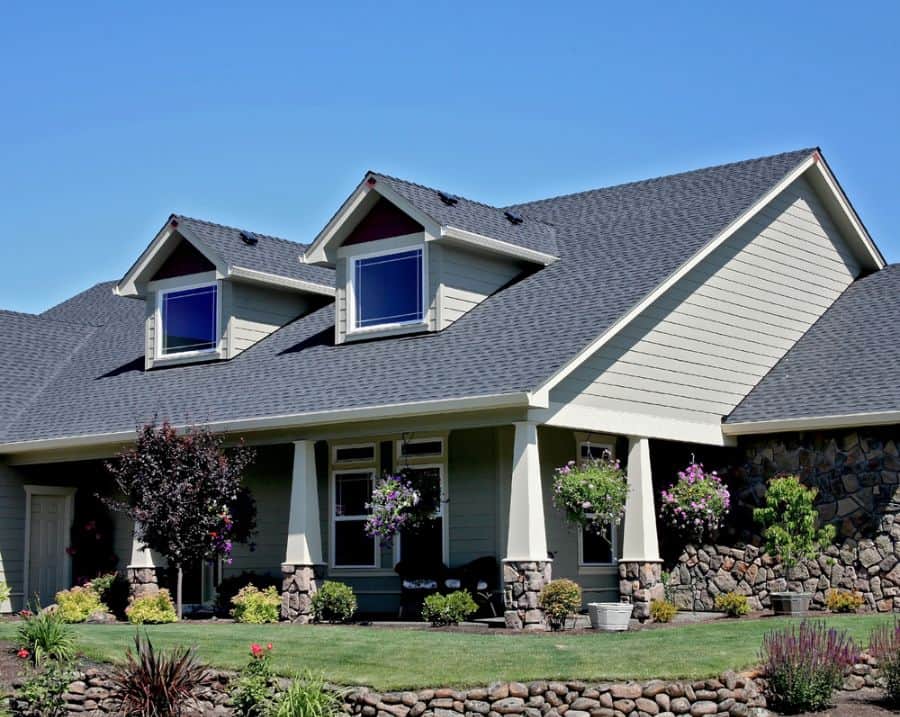 column craftsman style homes gray tile roof