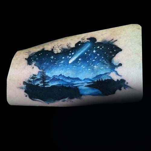 Comet Flying Through Sky With Stars Male Bicep Tattoos