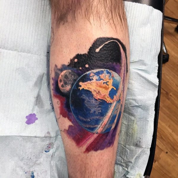 Comet Outer Space Earth And Moon Male Shin Tattoos