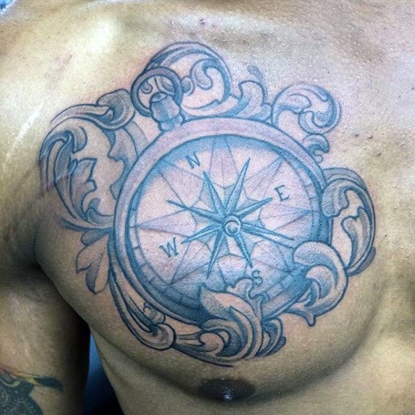 Compass Filigree Upper Chest Tattoos For Guys