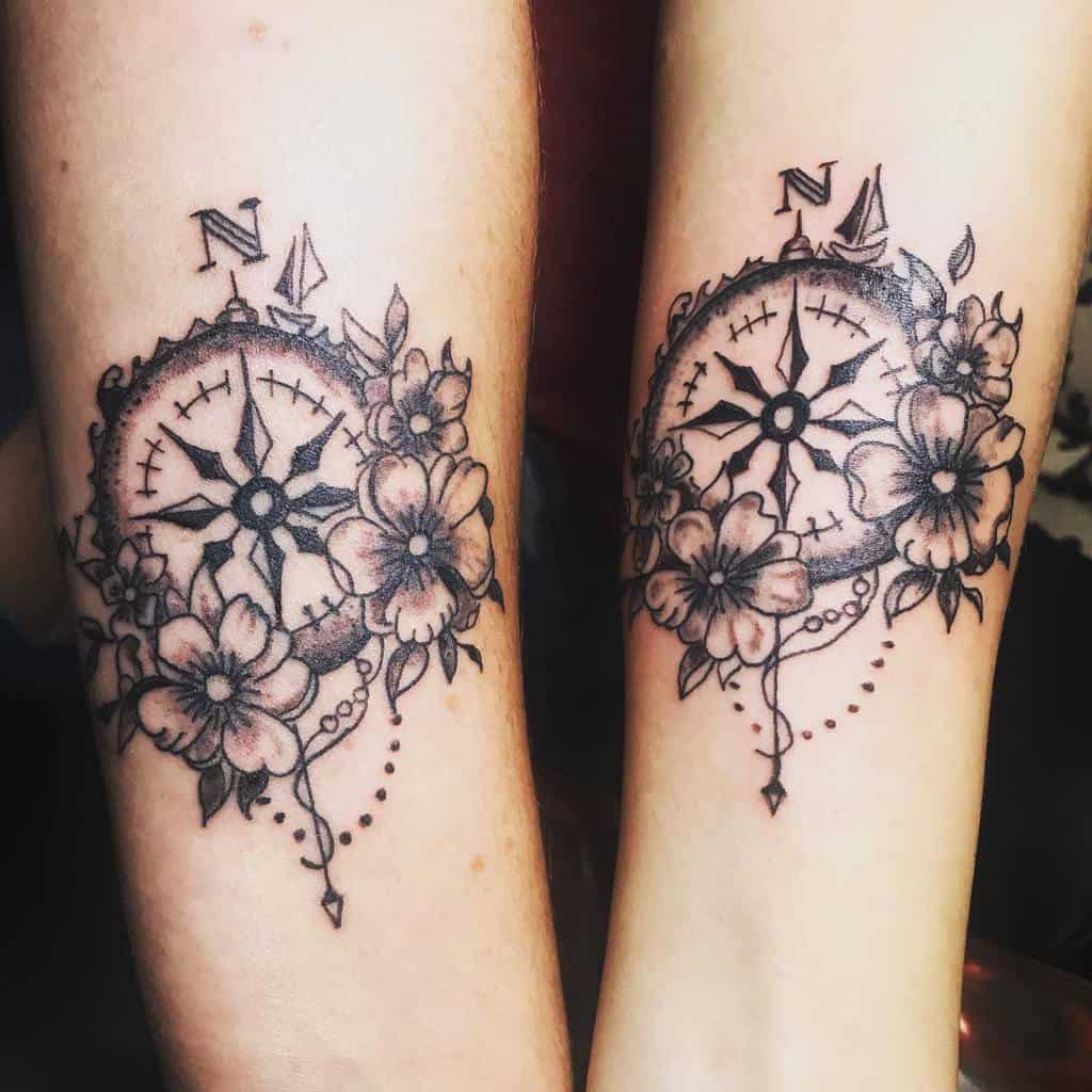 compass-floral-mother-daughter-inner-forearm-tattoo-sailorcher