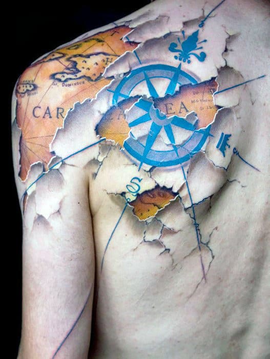 Compass Map Optical Illusion Mens Shoulder Ripped Skin Tattoos
