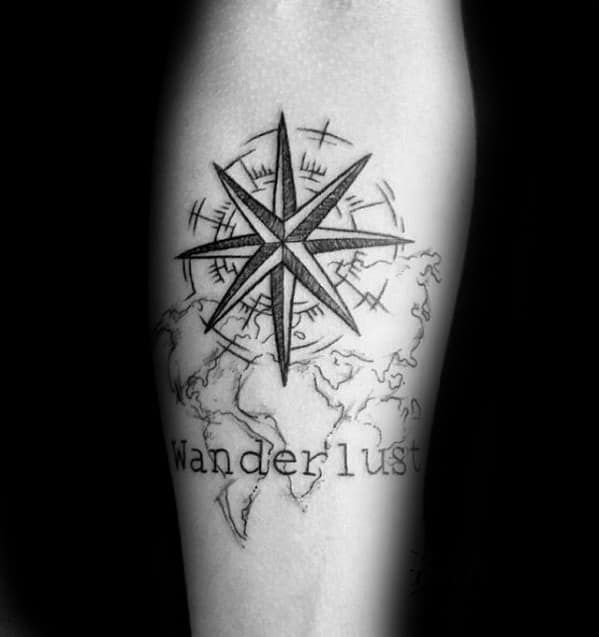 Compass Star With Wanderlust Map Inner Forearm Tattoo For Guys