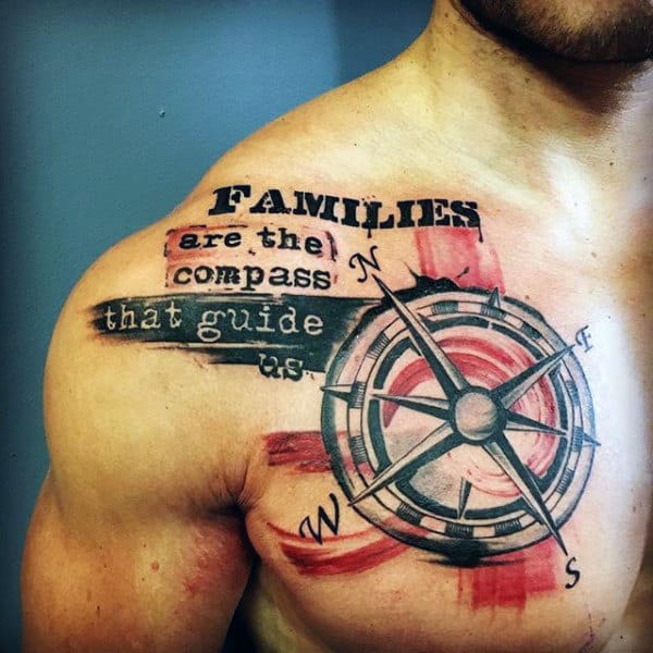 Compass With Family Quote Tattoo Mens Chest
