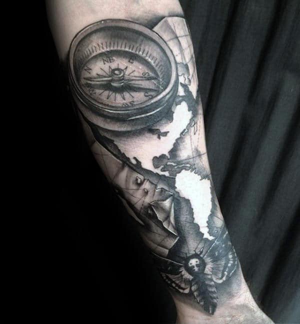 Compass With Map Mens Moth Forearm Sleeve Tattoo