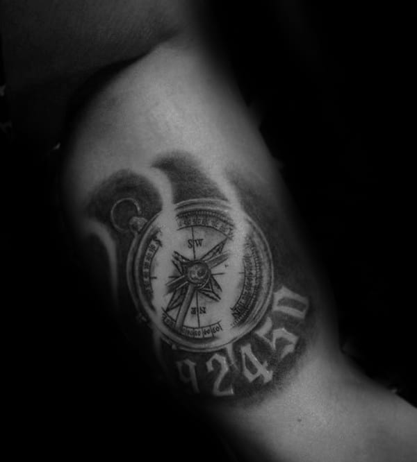 Compass With Old English Numbers Mens Inner Arm Bicep Tattoo