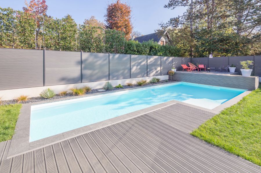 wood deck backyard pool