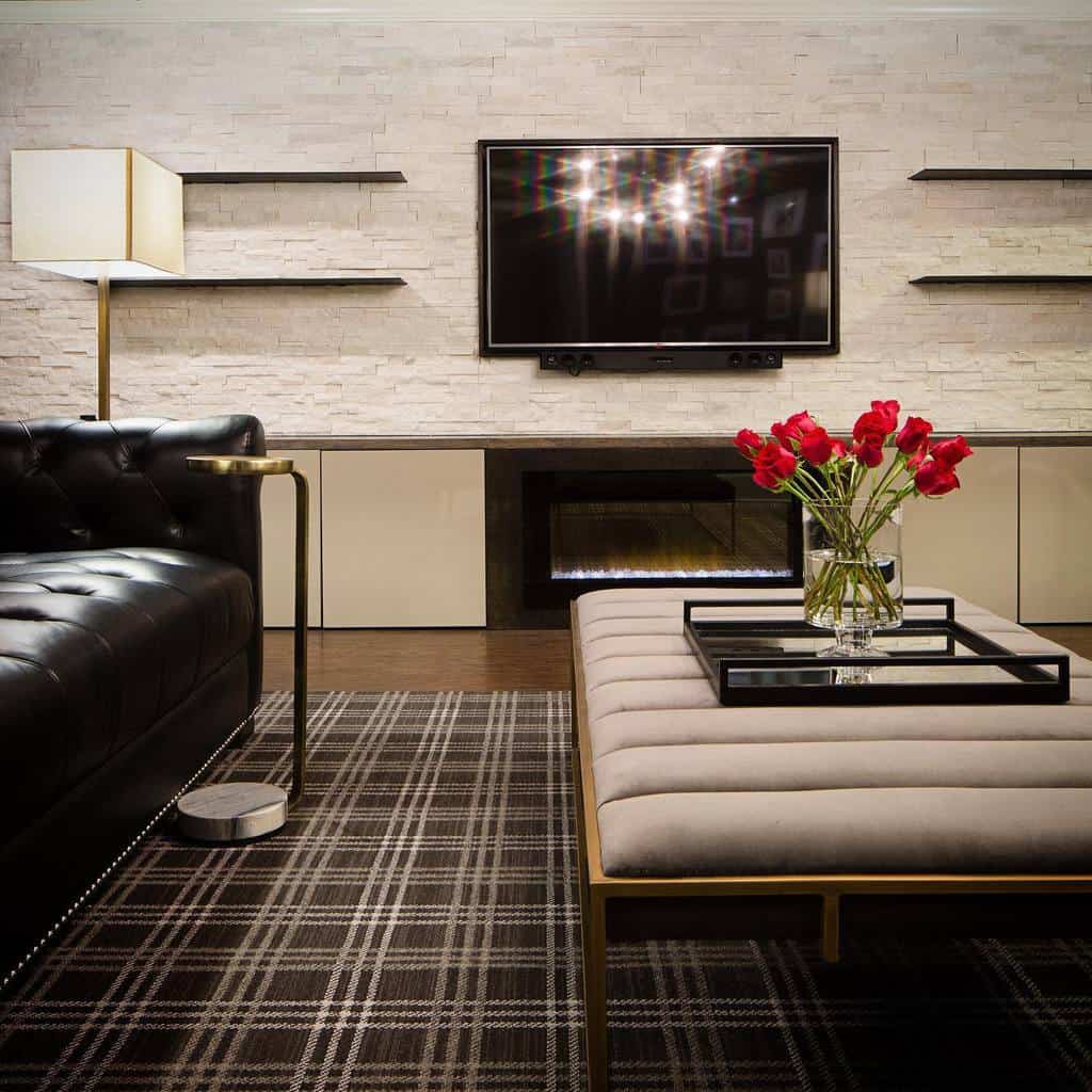 modern basement with black couch