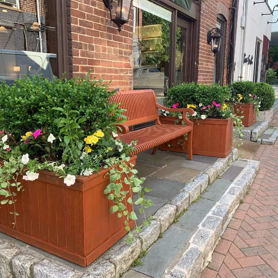 wood container garden flower bed wood bench 