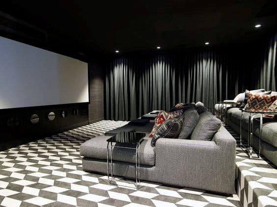 Contemporary Grey Media Room With Fabric Couch