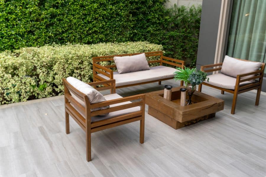 contemporary wood deck patio with wood furniture 