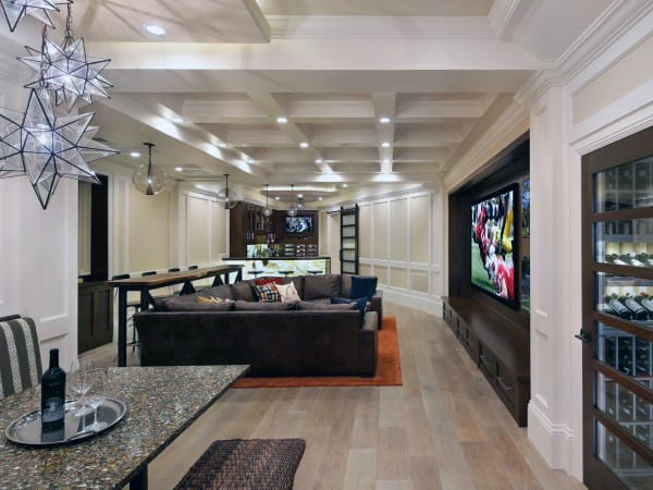 Contemporary White Basement Design With Traditional Style