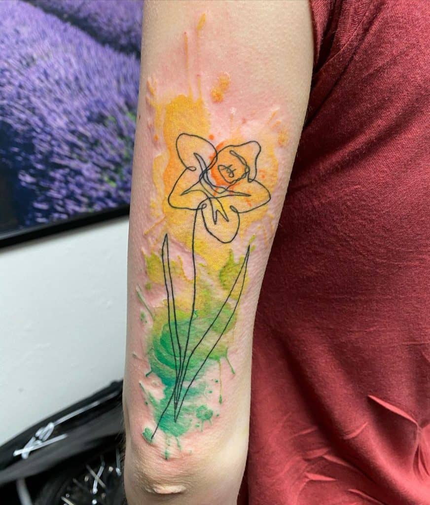 Continuous Line Daffodil With Green And Yellow Watercolor Fill
