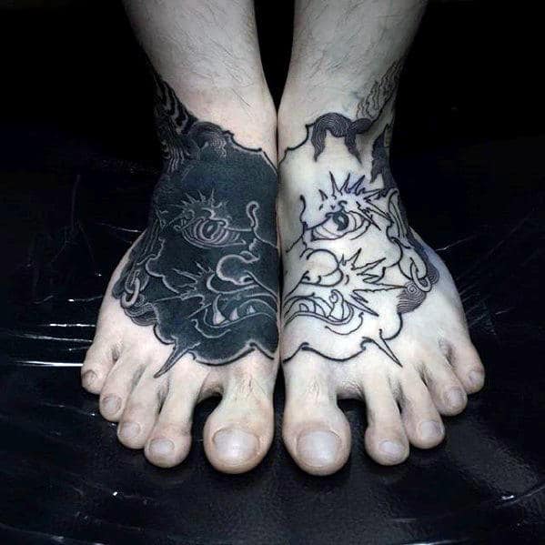 Contrasting Mens Black Ink Japanese Demon Foot Tattoos