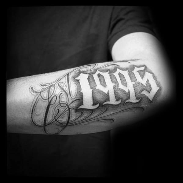 Cool 1995 Negative Space Guys Est Outer Forearm Tattoo
