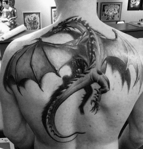 Cool 3d Dragon With Shadow Mens Back Tattoo