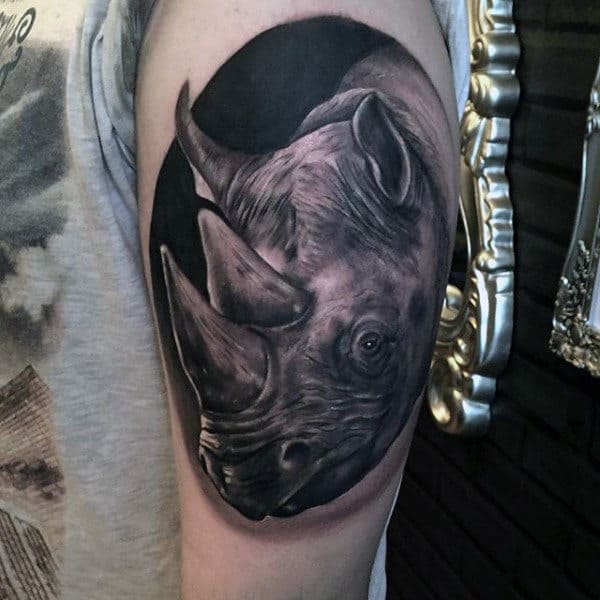 Cool 3d Rhino Animal Mens Upper Arm Tattoo Design Inspiration