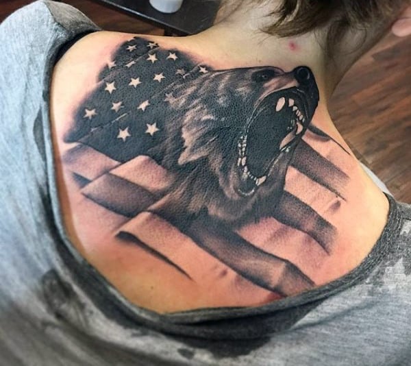 Cool American Flag With Roaring California Bear Mens Upp Back Tattoos
