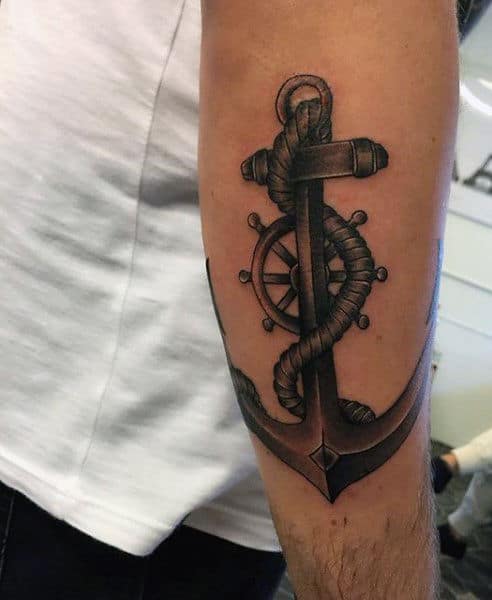 Cool Anchor And Sailor Knot Mens Tattoo On Back Of Forearm