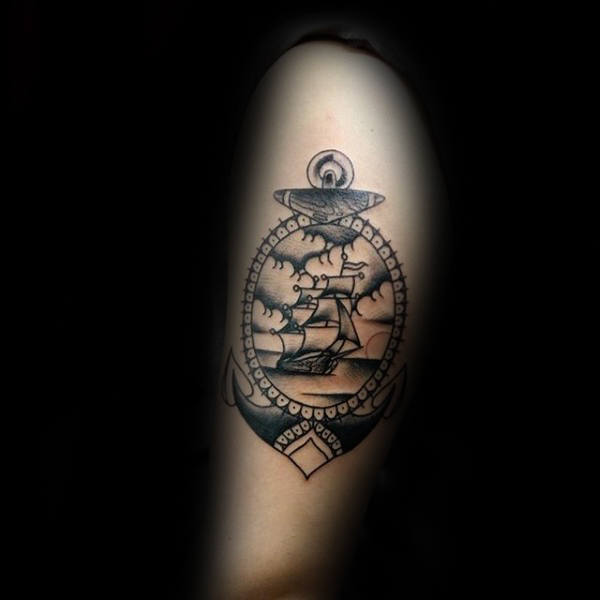 Cool Arm Sailing Ship Inside Traditional Anchor Mens Arm Tattoo Design Ideas
