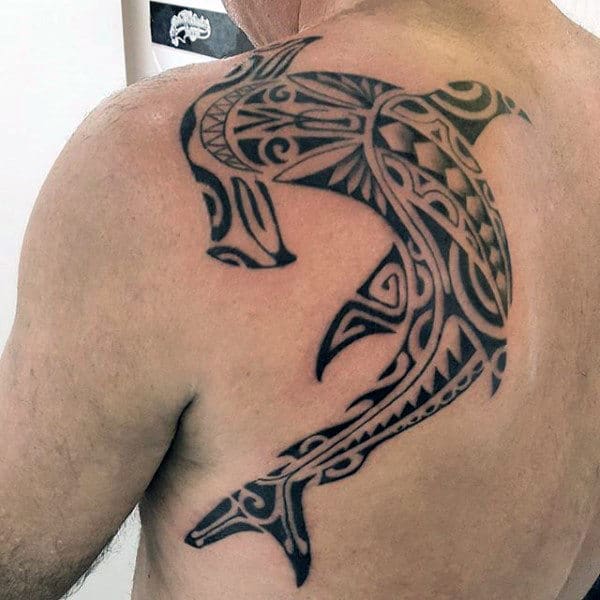 Cool Back And Shoulder Blade Male Black Ink Tribal Shark Tattoos