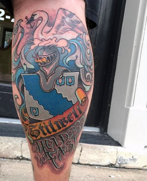 Cool Back Of Leg Calf Family Crest Tattoo On Man