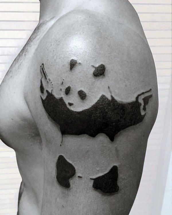 Cool Banksy Panda Bear With Pistols Upper Arm Tattoo On Guy