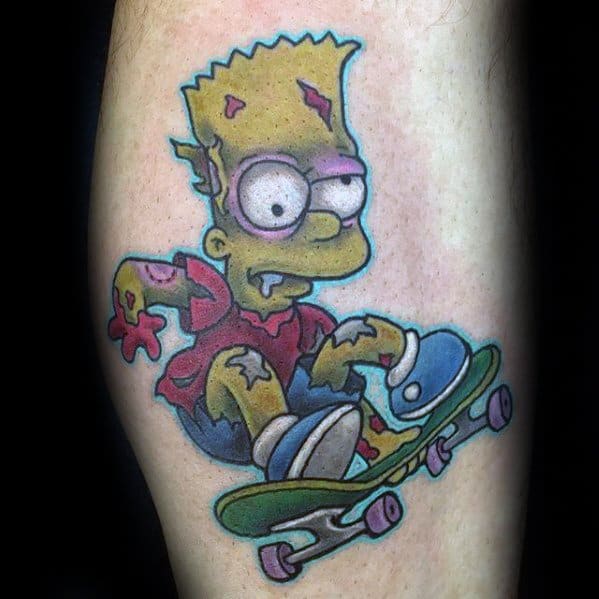 Cool Bart Simpson Skateboard Leg Calf Tattoo Design Ideas For Male
