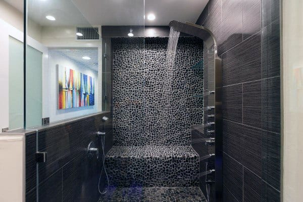 Cool Bathroom Showers Designs Black Pebble Tile