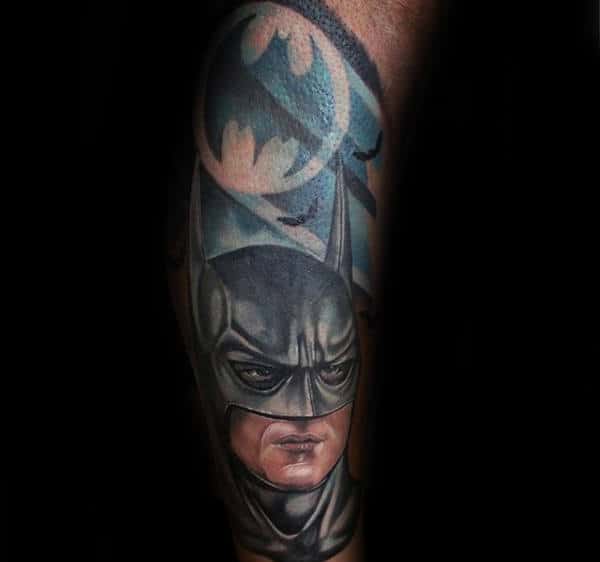 Cool Batman Symbol Spotlight Male Forearm Sleeve Tattoo