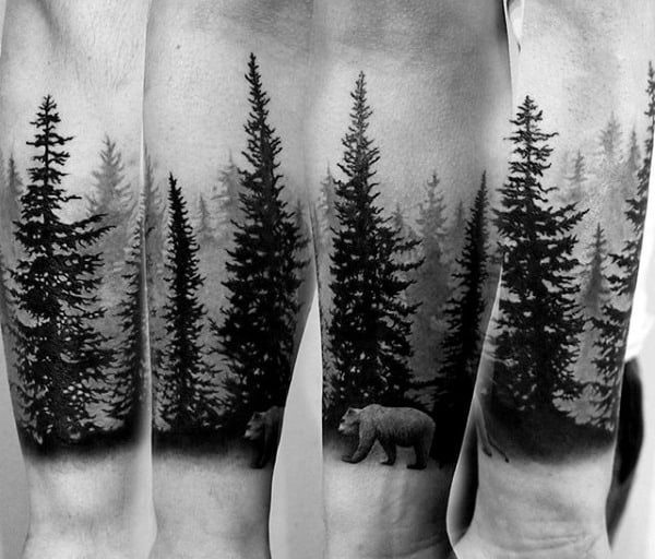 Cool Bear In Nature Pine Tree Forest Forearm Guys Sleeve Tattoos